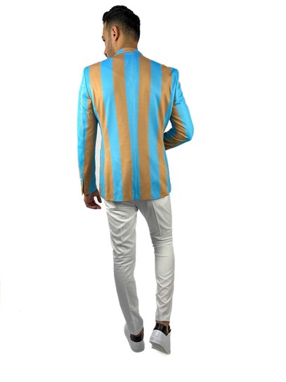 Turkuaz Bej Şerit Desen Torba Cep Blazer Tek Ceket Slim Fit | Agustini