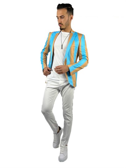 Turkuaz Bej Şerit Desen Torba Cep Blazer Tek Ceket Slim Fit | Agustini
