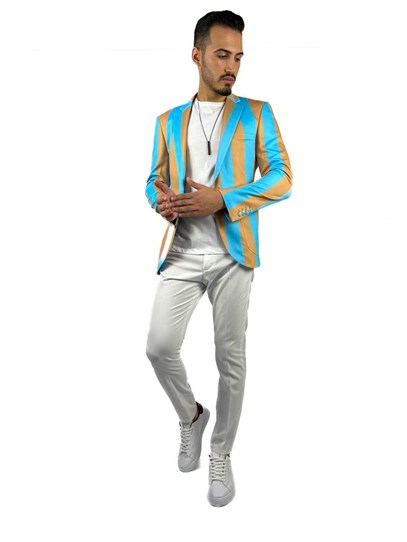 Turkuaz Bej Şerit Desen Torba Cep Blazer Tek Ceket Slim Fit | Agustini