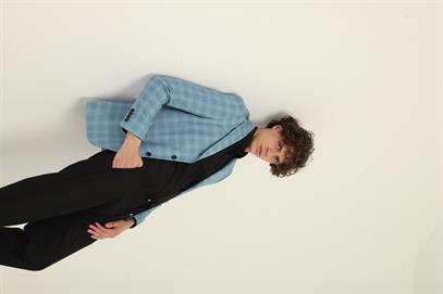 Turkuaz Renk Kareli Desen,İki Düğme Çift Yırtmaç Sivri Yaka Slim Fit Kalıp Tek Ceket | Agustini