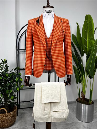 Turuncu Ekose Kombinli 3Lü Takım Elbise Sivri Yaka Torba Cep Slim Fit Kalıp | Agustini