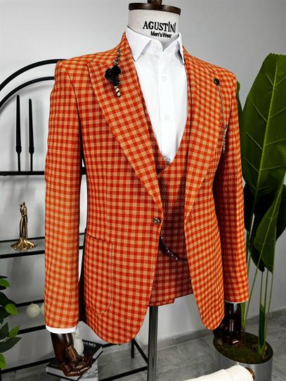 Turuncu Ekose Kombinli 3Lü Takım Elbise Sivri Yaka Torba Cep Slim Fit Kalıp | Agustini