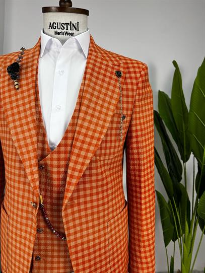 Turuncu Ekose Kombinli 3Lü Takım Elbise Sivri Yaka Torba Cep Slim Fit Kalıp | Agustini