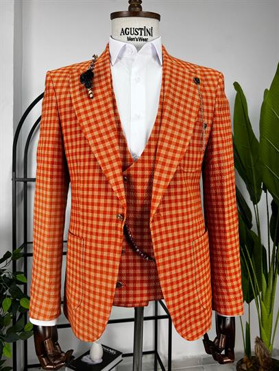 Turuncu Ekose Kombinli 3Lü Takım Elbise Sivri Yaka Torba Cep Slim Fit Kalıp | Agustini