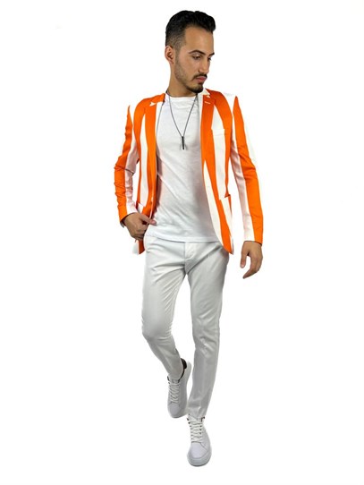 Turuncu ve Beyaz Şerit Desen Torba Cep Blazer Tek Ceket Slim Fit | Agustini