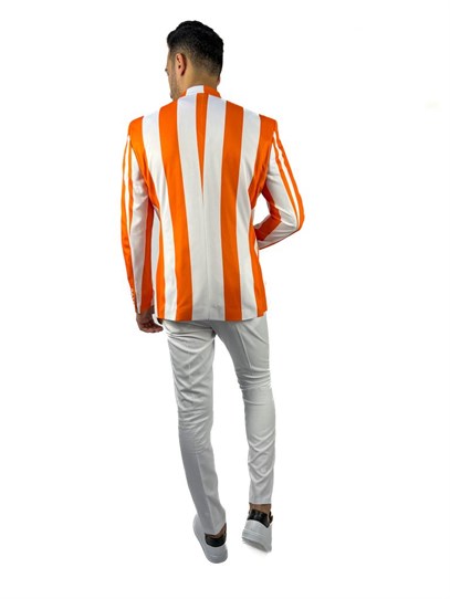 Turuncu ve Beyaz Şerit Desen Torba Cep Blazer Tek Ceket Slim Fit | Agustini