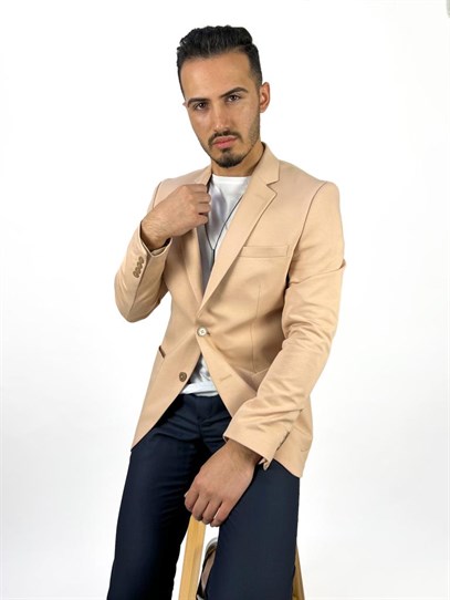 Yavruağzı Renk Torba Cep Tek Ceket Mono Yaka Slim Fit | Agustini