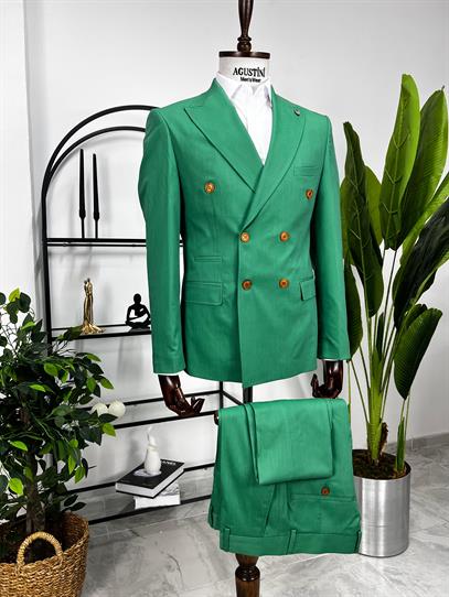Yeşil Kruvaze 2Lİ Takım Elbise Sivri Yaka Slim Fit Kalıp | Agustini