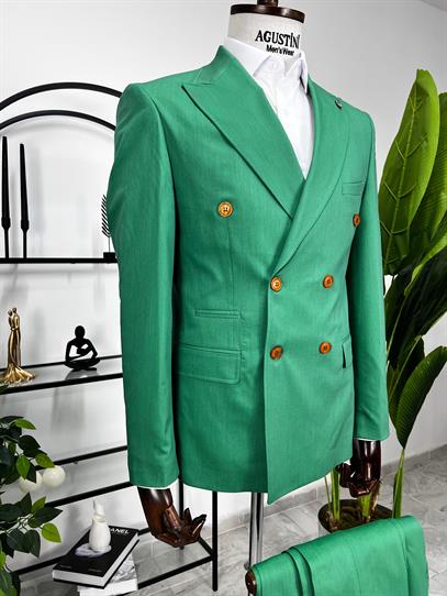 Yeşil Kruvaze 2Lİ Takım Elbise Sivri Yaka Slim Fit Kalıp | Agustini