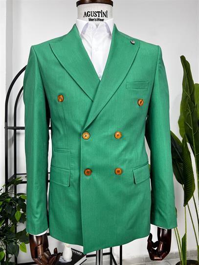 Yeşil Kruvaze 2Lİ Takım Elbise Sivri Yaka Slim Fit Kalıp | Agustini