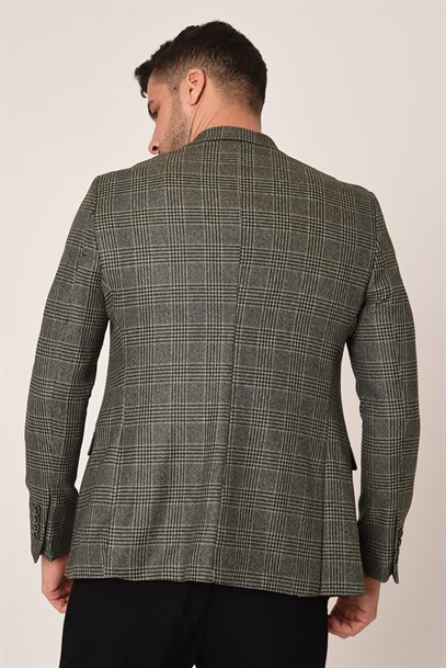 Yeşil Renk Ekose Blazer Tek Ceket  Sivri Yaka Slim Fit | Agustini