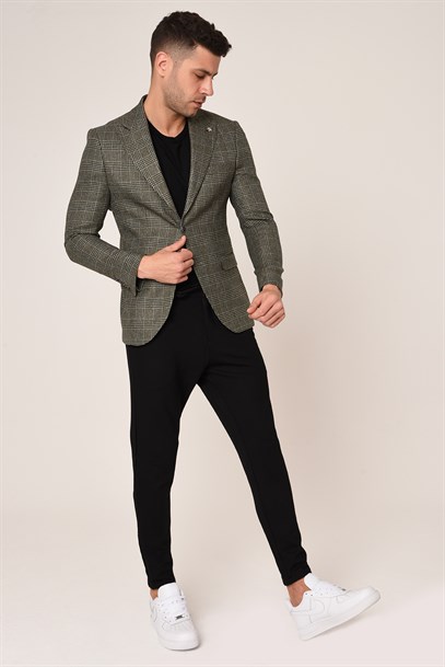 Yeşil Renk Ekose Blazer Tek Ceket  Sivri Yaka Slim Fit | Agustini