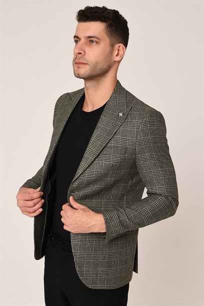 Yeşil Renk Ekose Blazer Tek Ceket  Sivri Yaka Slim Fit | Agustini