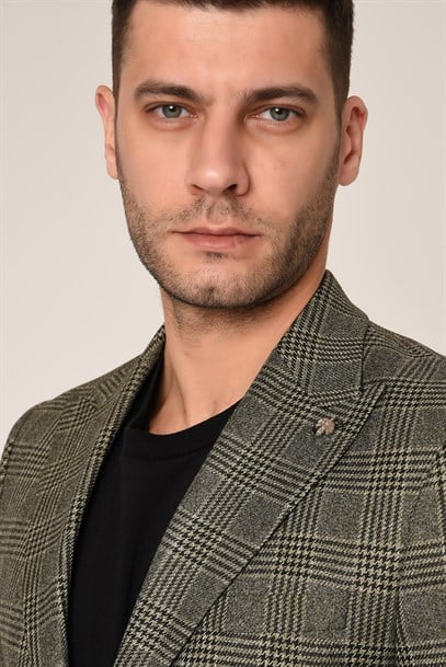 Yeşil Renk Ekose Blazer Tek Ceket  Sivri Yaka Slim Fit | Agustini