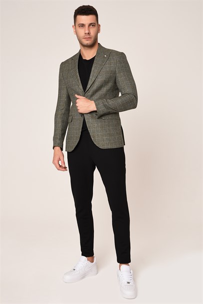 Yeşil Renk Ekose Blazer Tek Ceket  Sivri Yaka Slim Fit | Agustini