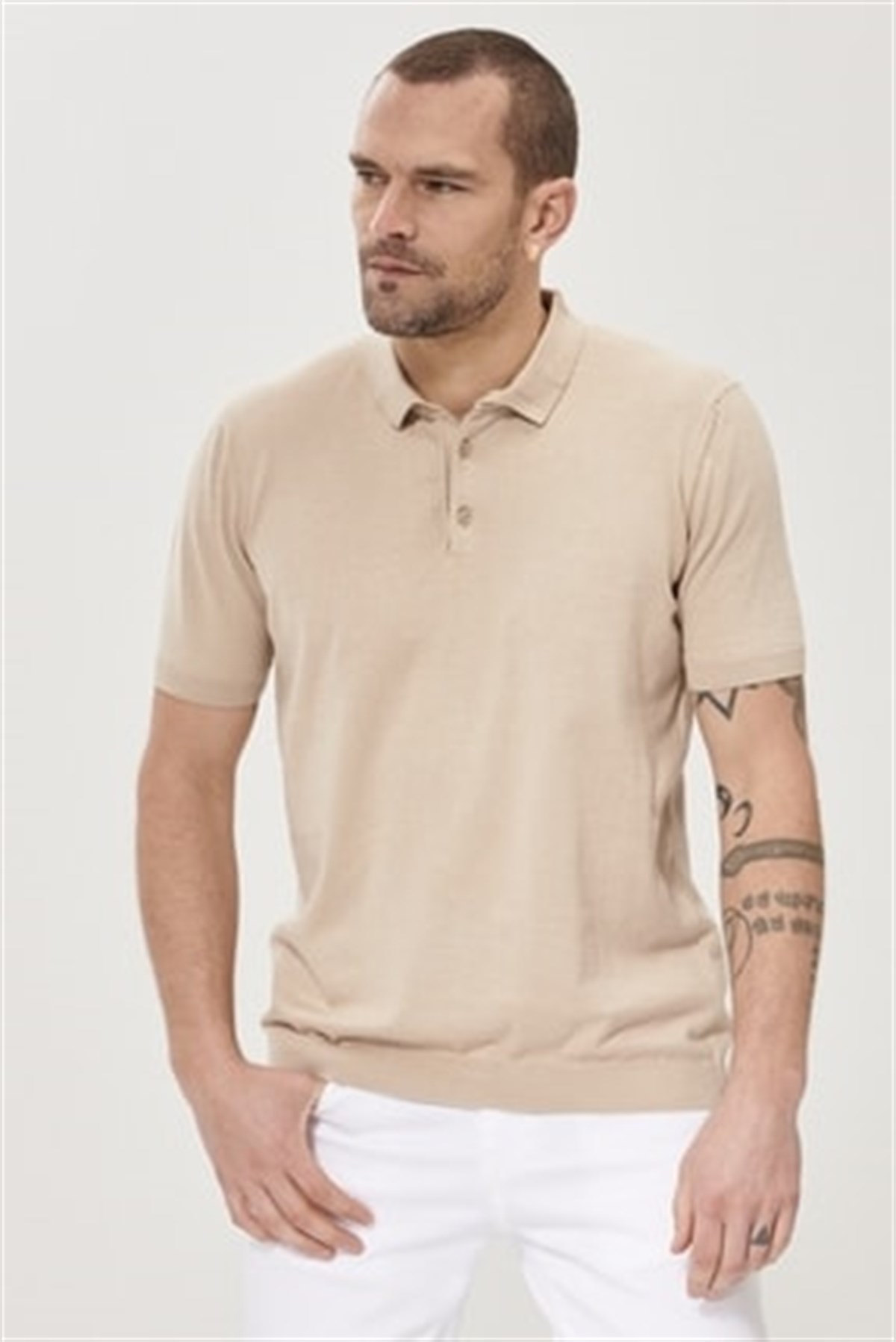 Erkek Bej Renk Polo Yaka Regular T-shirt | Agustini