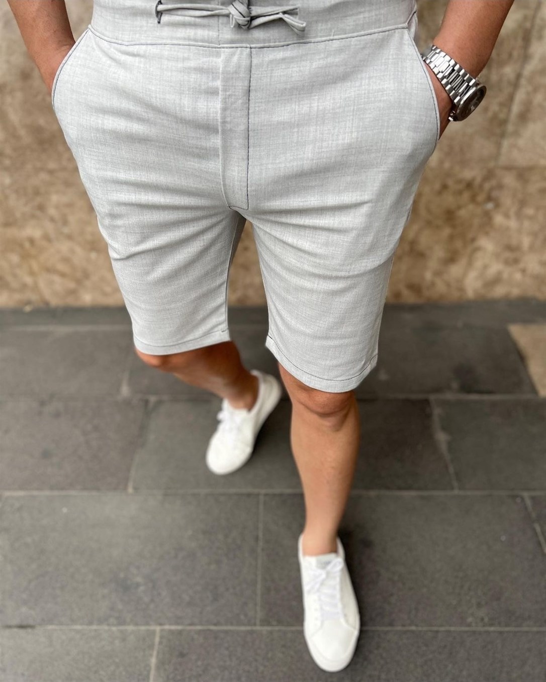 Erkek Açık Gri Kısa Pantolon Slim Fit | Agustini