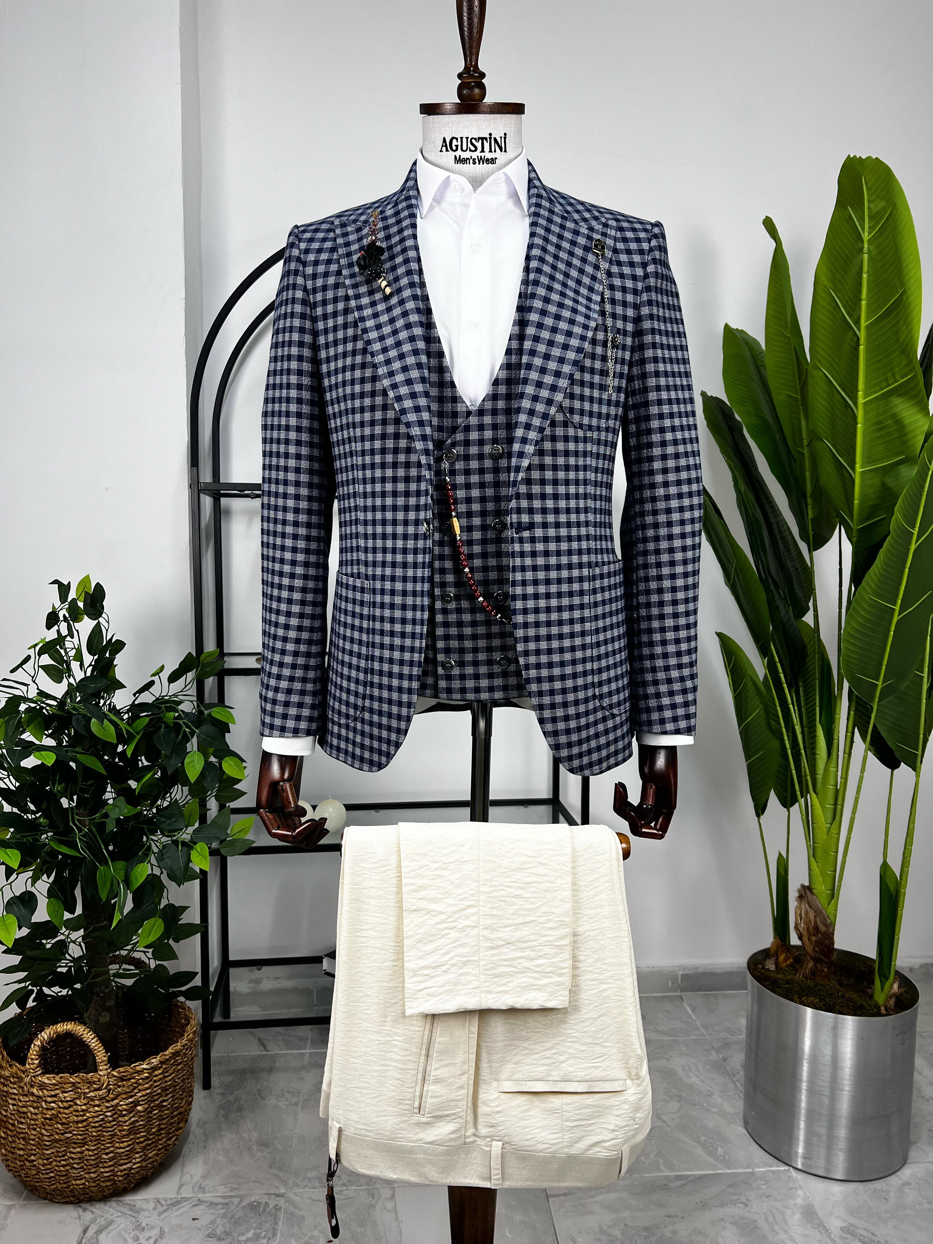 Lacivert Ekose Kombinli 3Lü Takım Elbise Sivri Yaka Torba Cep Slim Fit Kalıp | AgustiniTAKIM ELBİSEAGUSTİNİYtk3012AGUSTİNİLacivert Ekose Kombinli 3Lü Takım Elbise Sivri Yaka Torba Cep Slim Fit Kalıp | Agustini