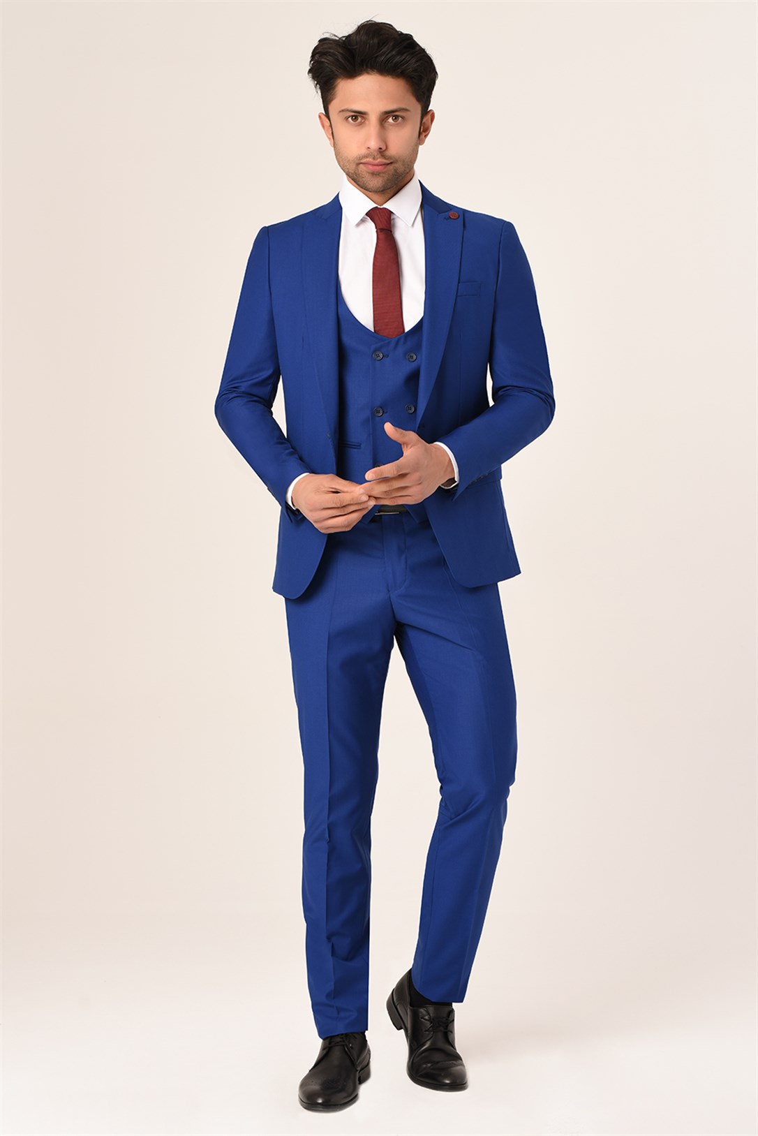 Saks Mavi Yelekli Erkek Sivri Yaka Yeni Nesil Takım Elbise Slim Fit |  Agustini