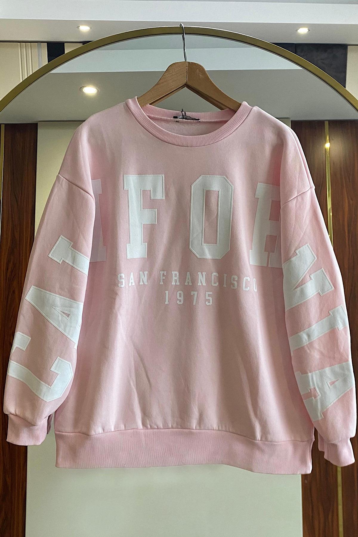  Önü California Yazılı Üç İplik Sweat Toz Pembe 