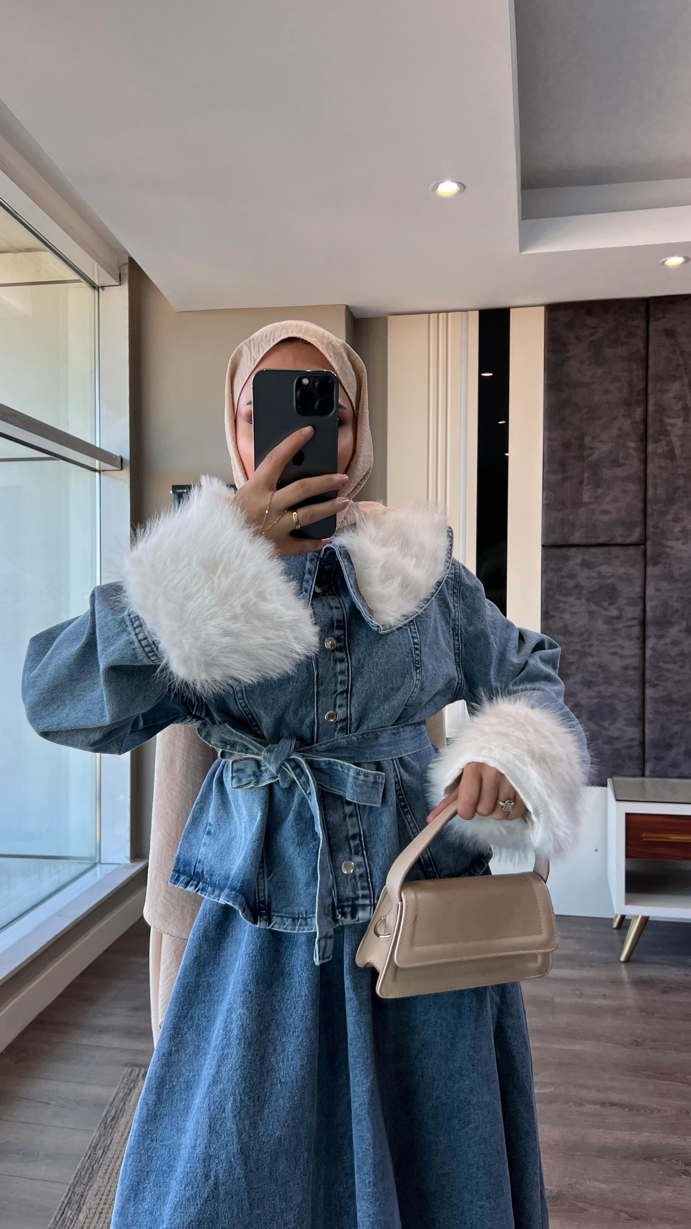 Manşet Kürk Detay Denim Takım