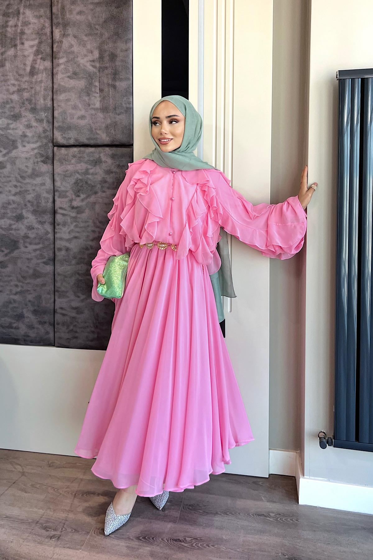 Fırfır Detaylı Üçlü Takım Pembe