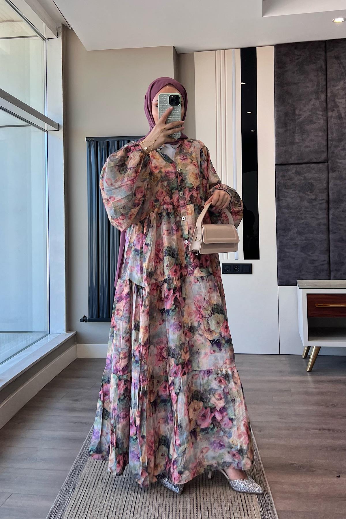 Yarım Patlı Desenli Elbise 