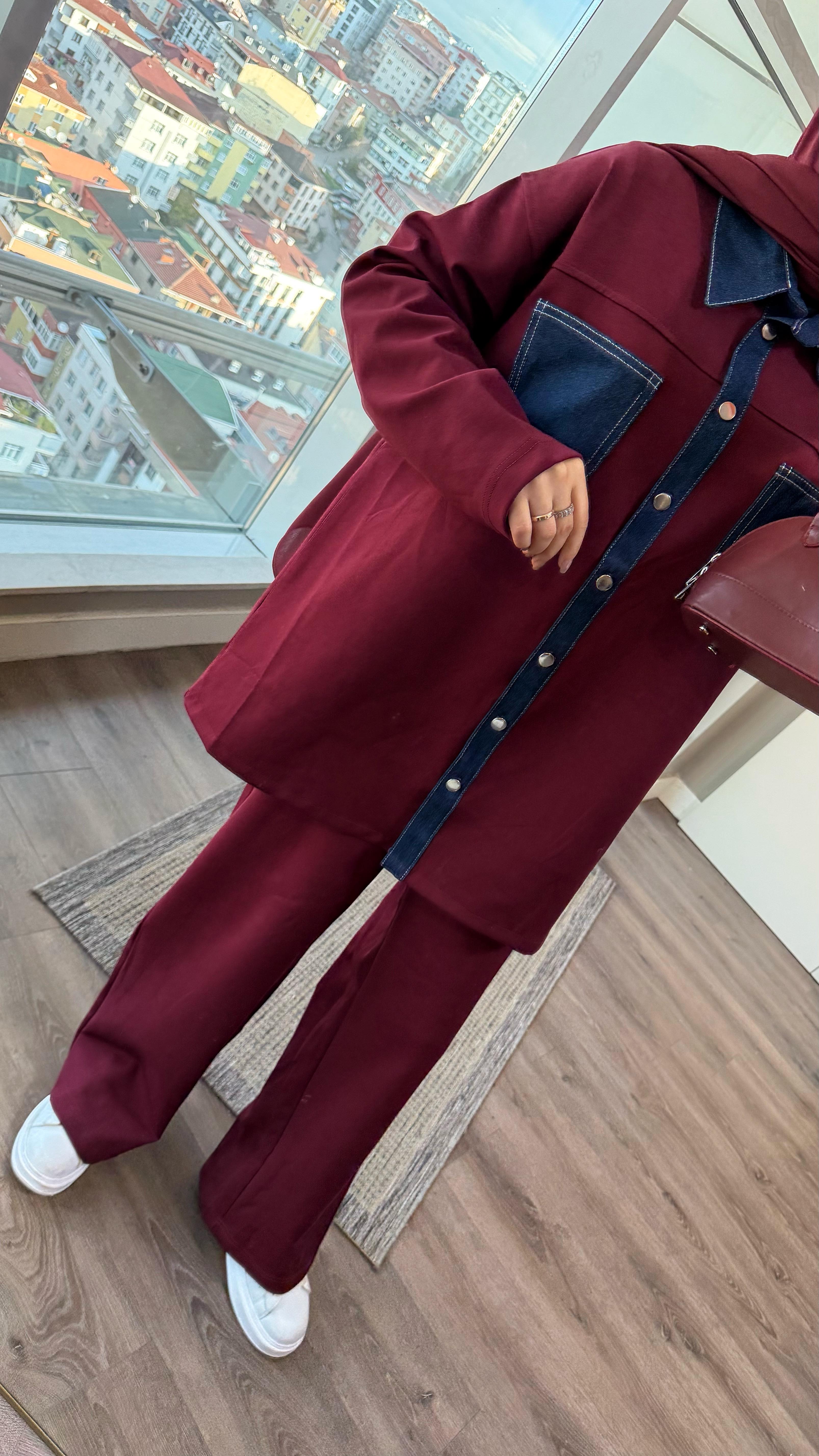 Denim Detaylı Oysho Takım Bordo