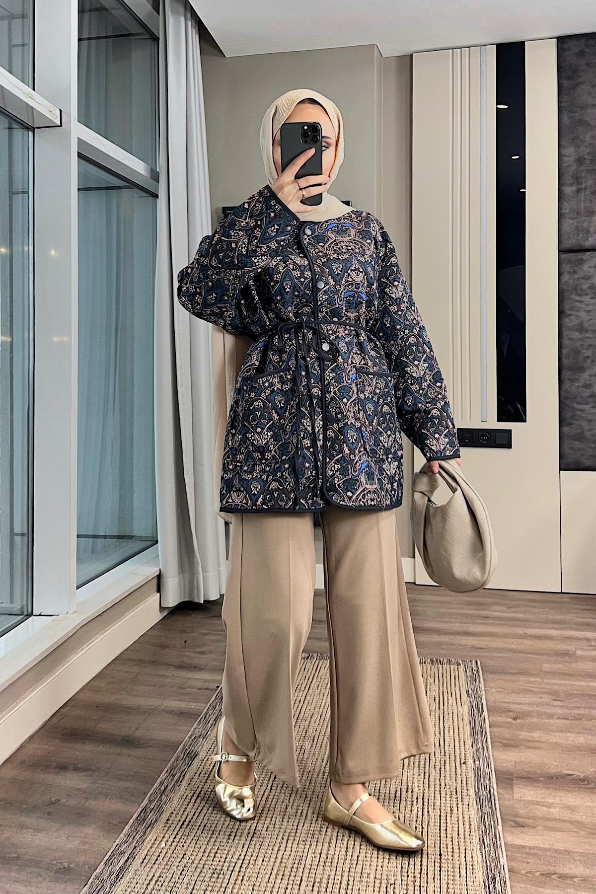 Desenli Kimono Lacivert 