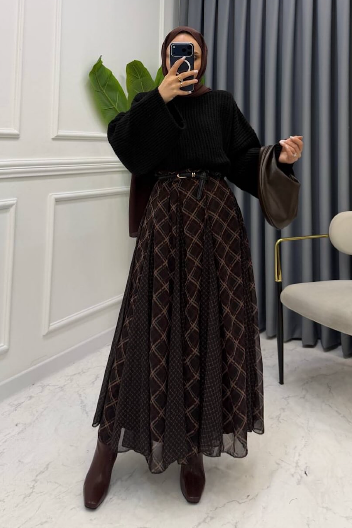 Şifon Ekose Etek Kahverengi 
