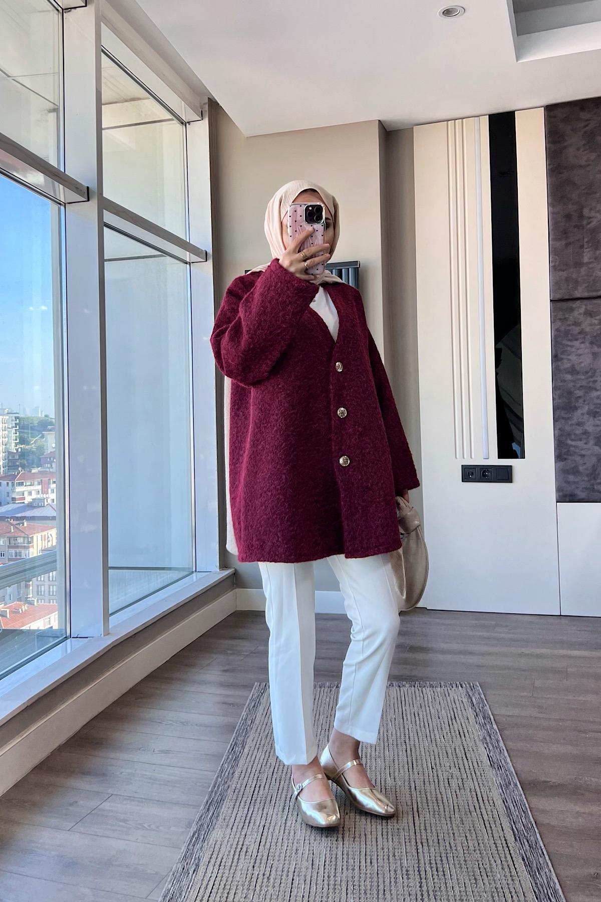 Kruvaze Yaka Buklet Hırka Bordo
