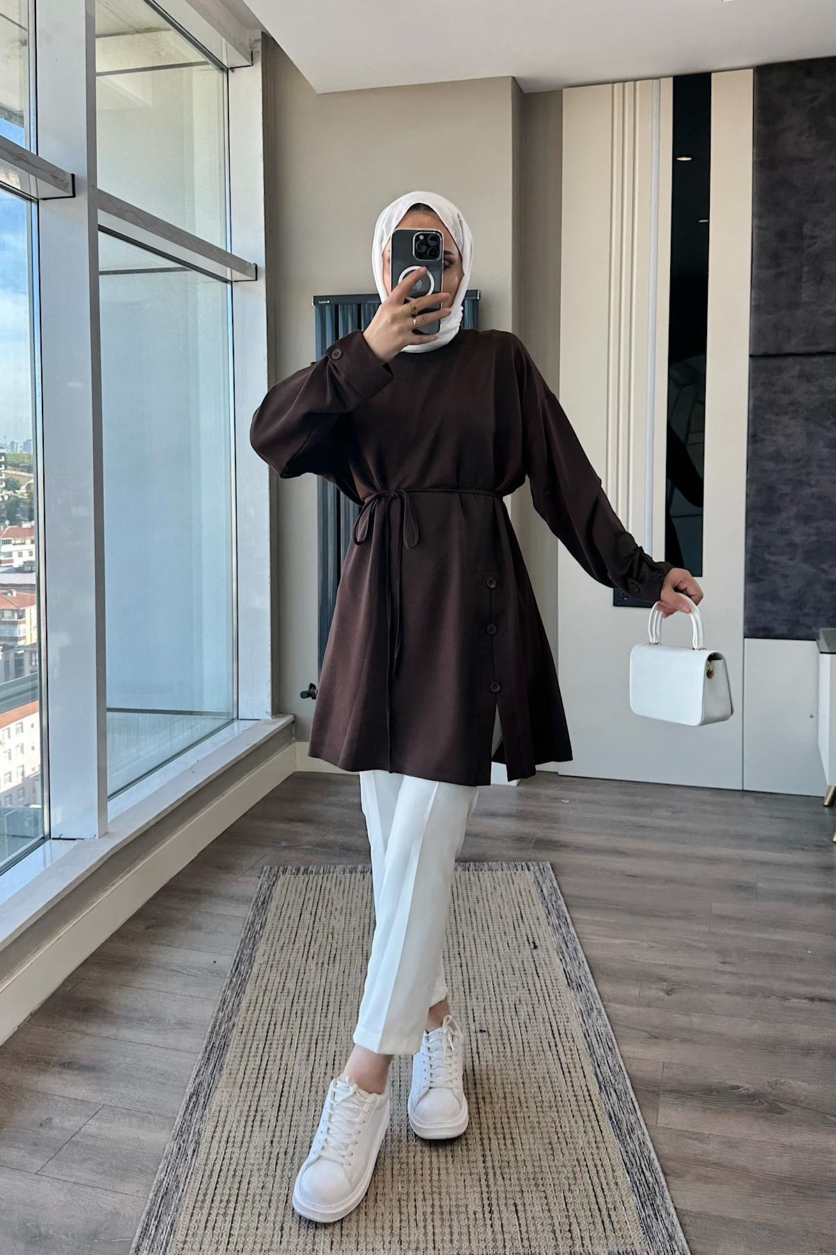 Düğme Detaylı Tunik Kahverengi 