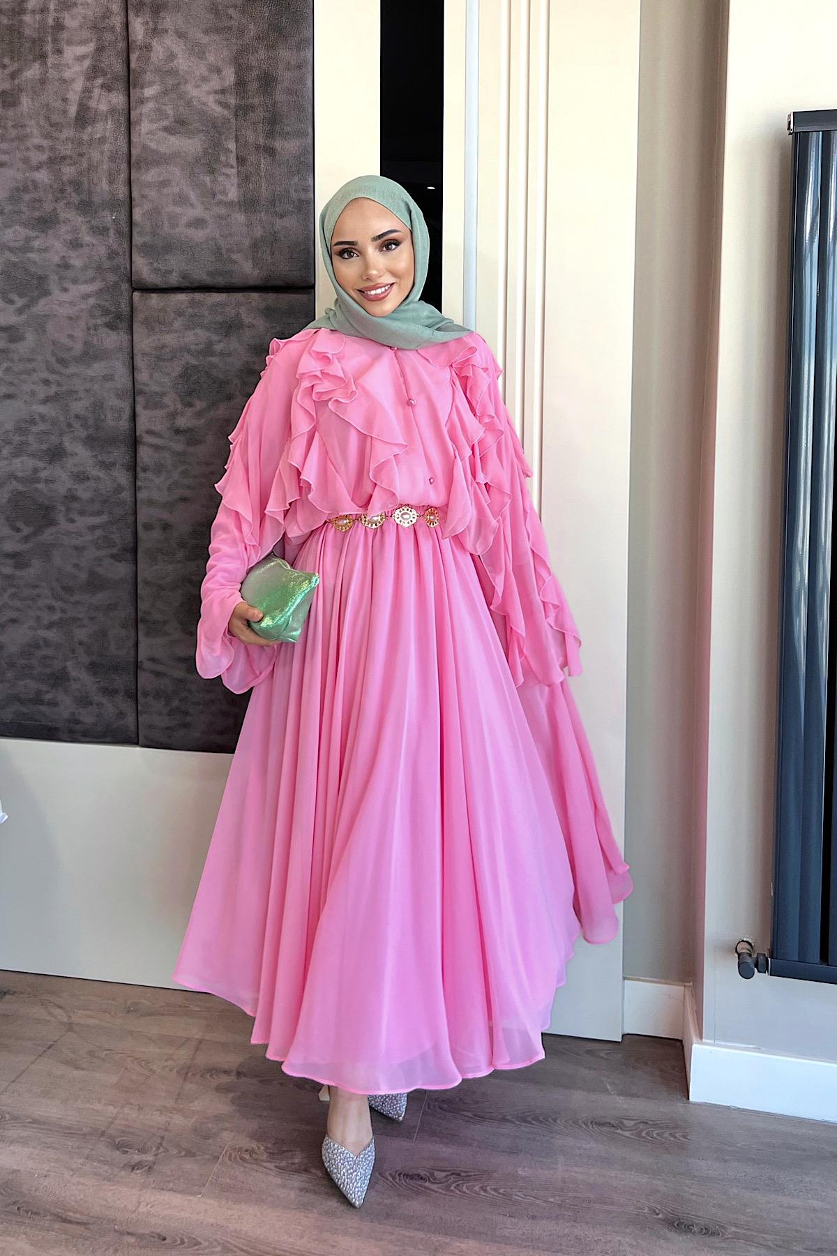 Fırfır Detaylı Üçlü Takım Pembe