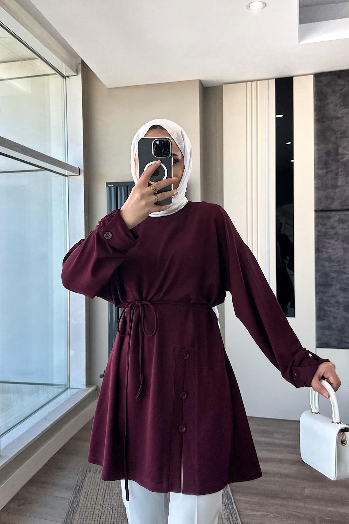 Düğme Detaylı Tunik Bordo