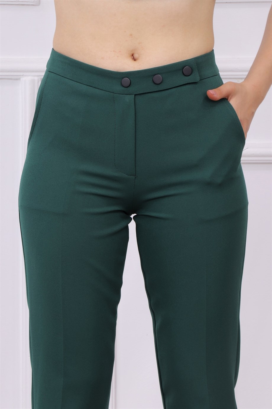 3 Düğmeli Dar Paça Kumas Pantolon Yeşil