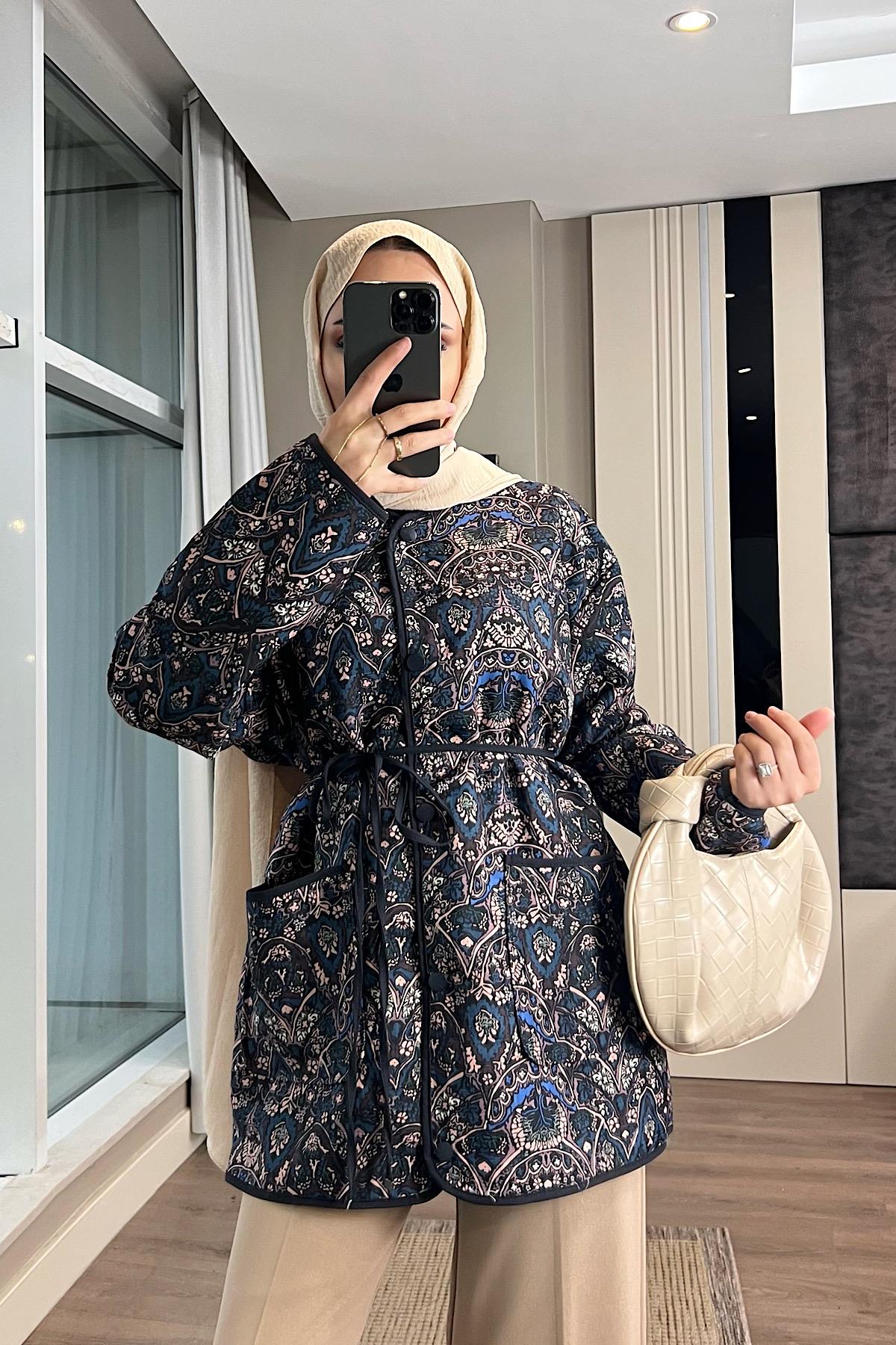 Desenli Kimono Lacivert 