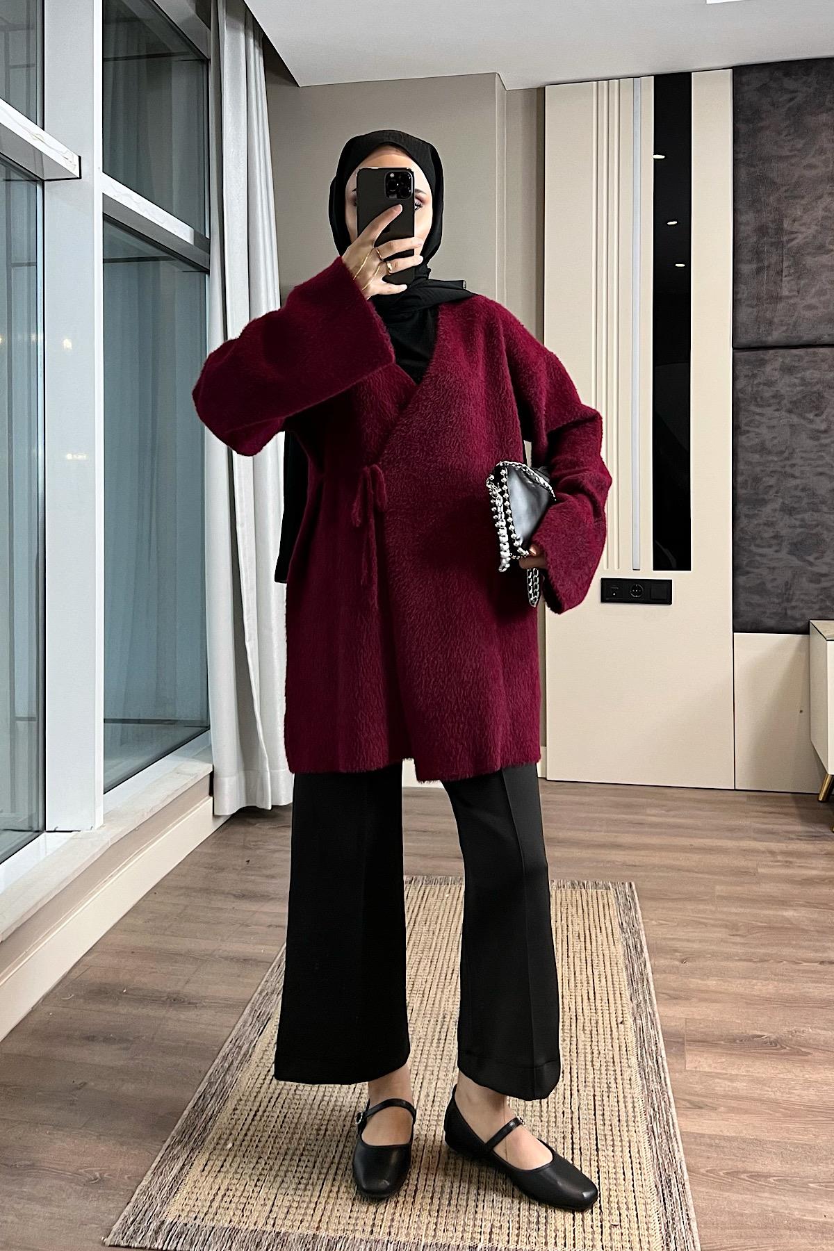 İçten Bağlama Detaylı Yumoş Hırka Bordo