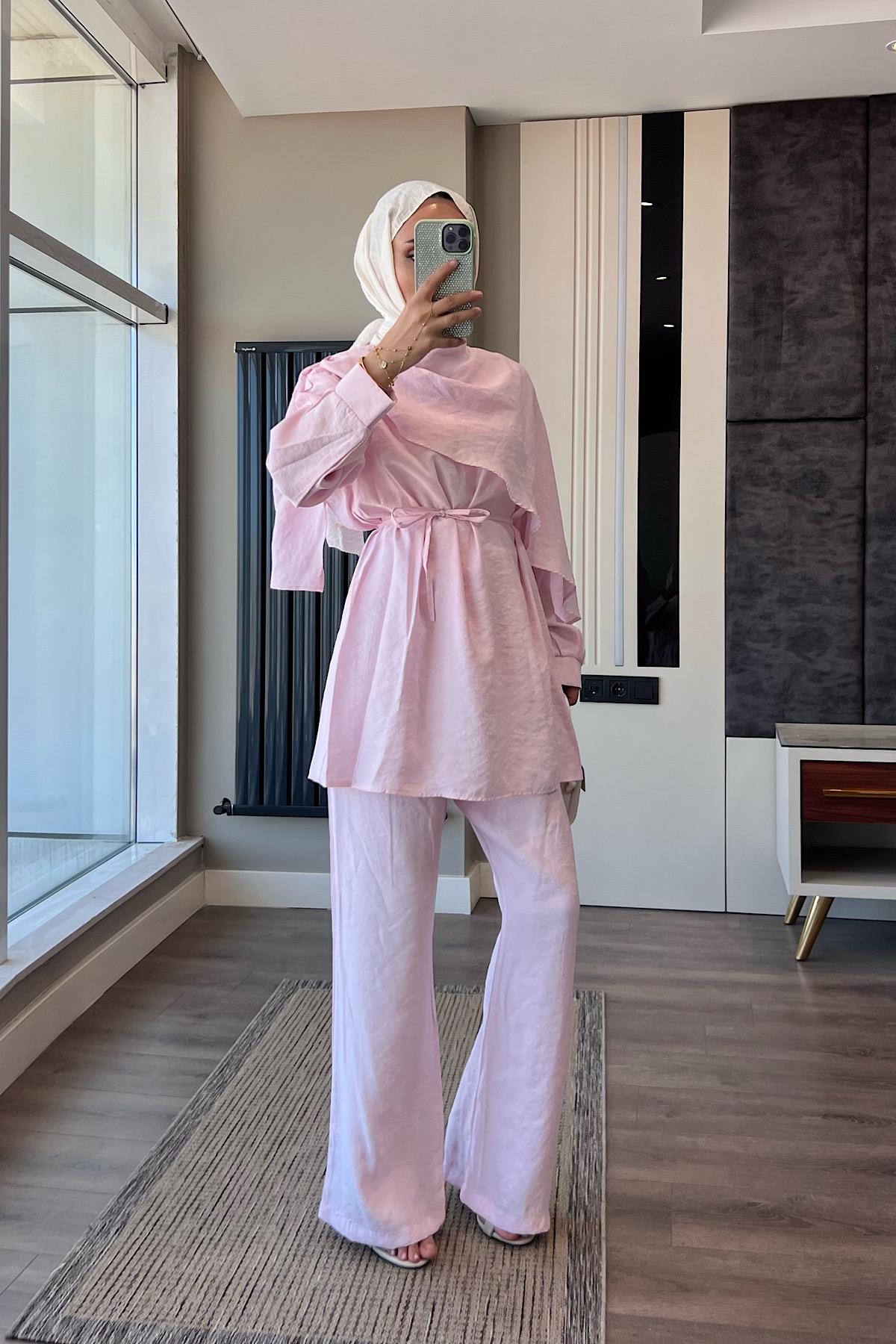 Omuz Şal Atkı Detay Takım Toz Pembe