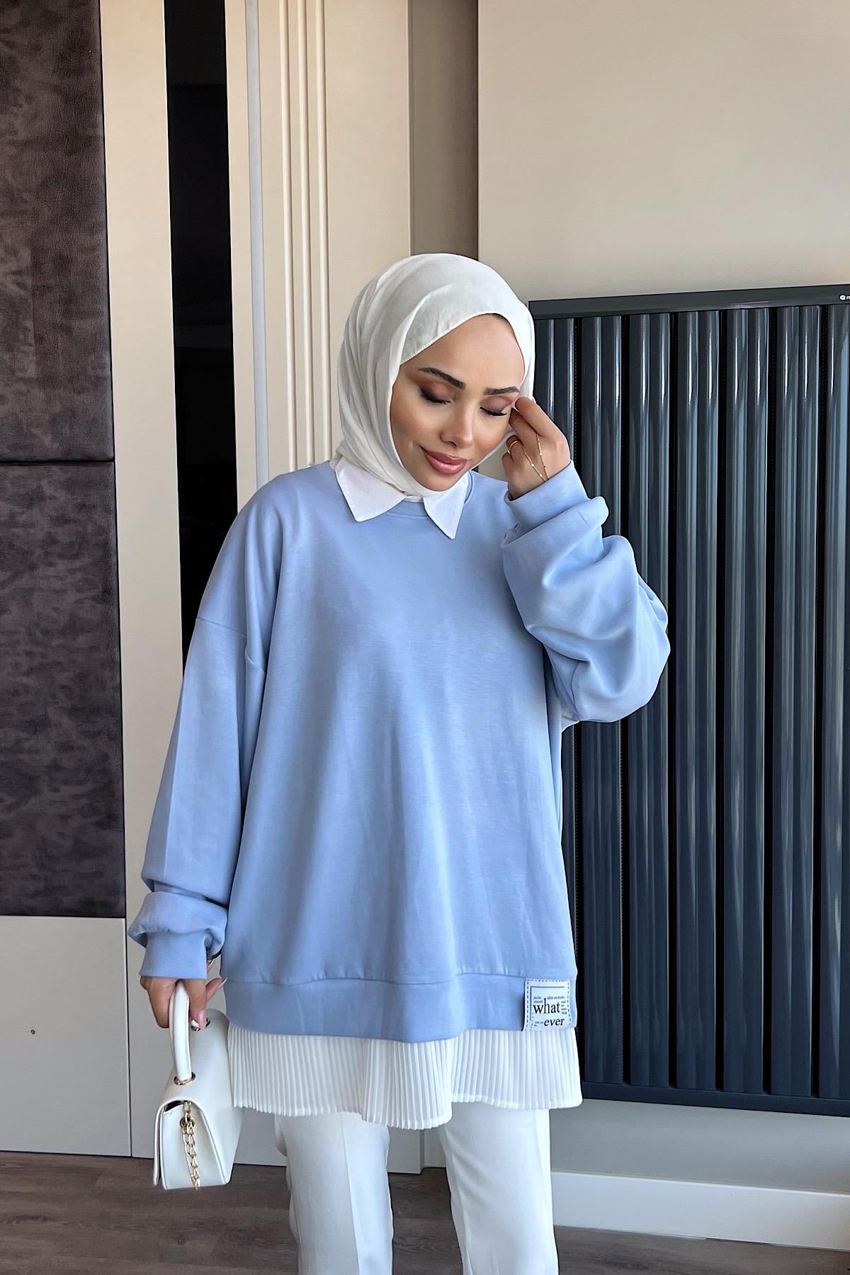 Modal Kumaş Altı Pileli Sweat Bebe Mavisi
