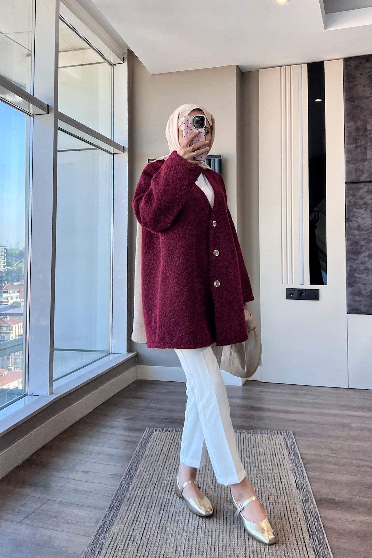 Kruvaze Yaka Buklet Hırka Bordo
