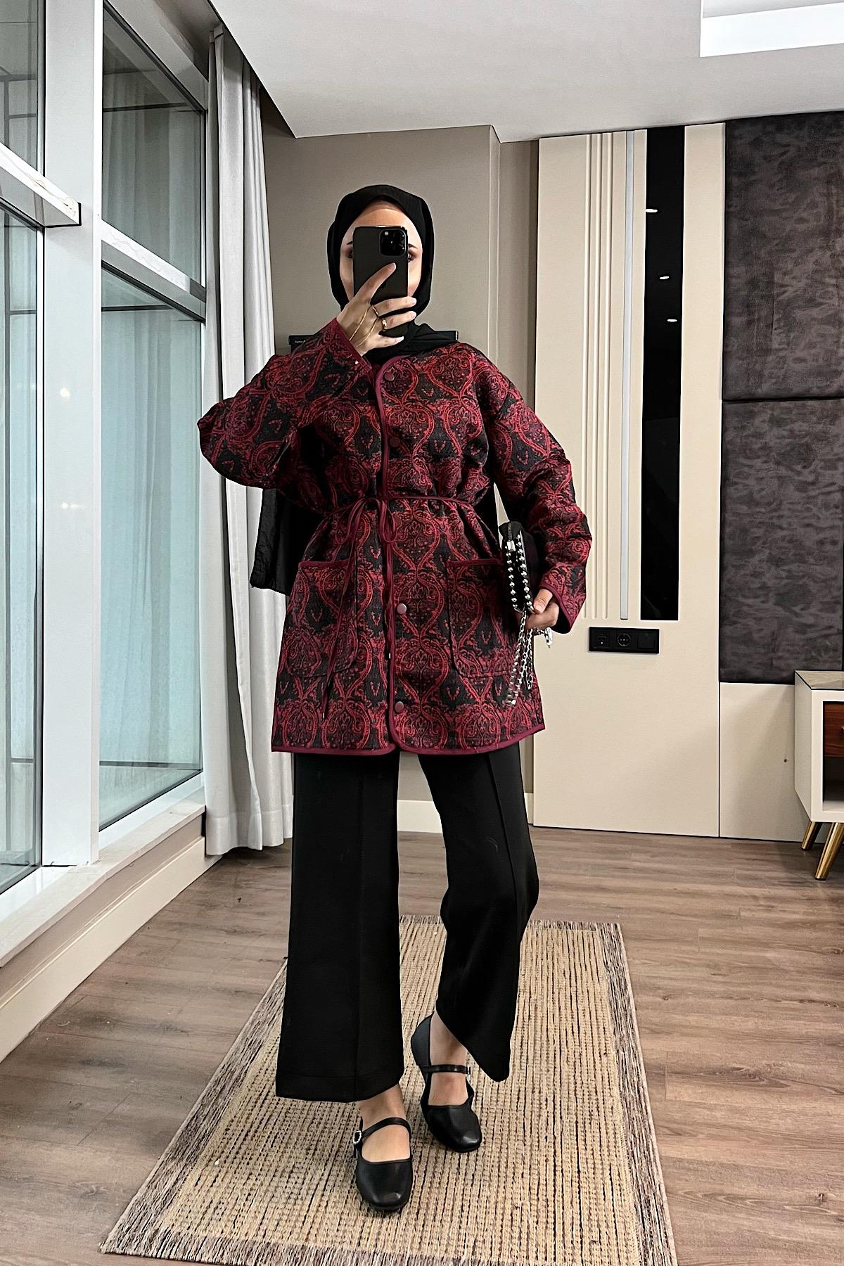 Desenli Kimono Bordo