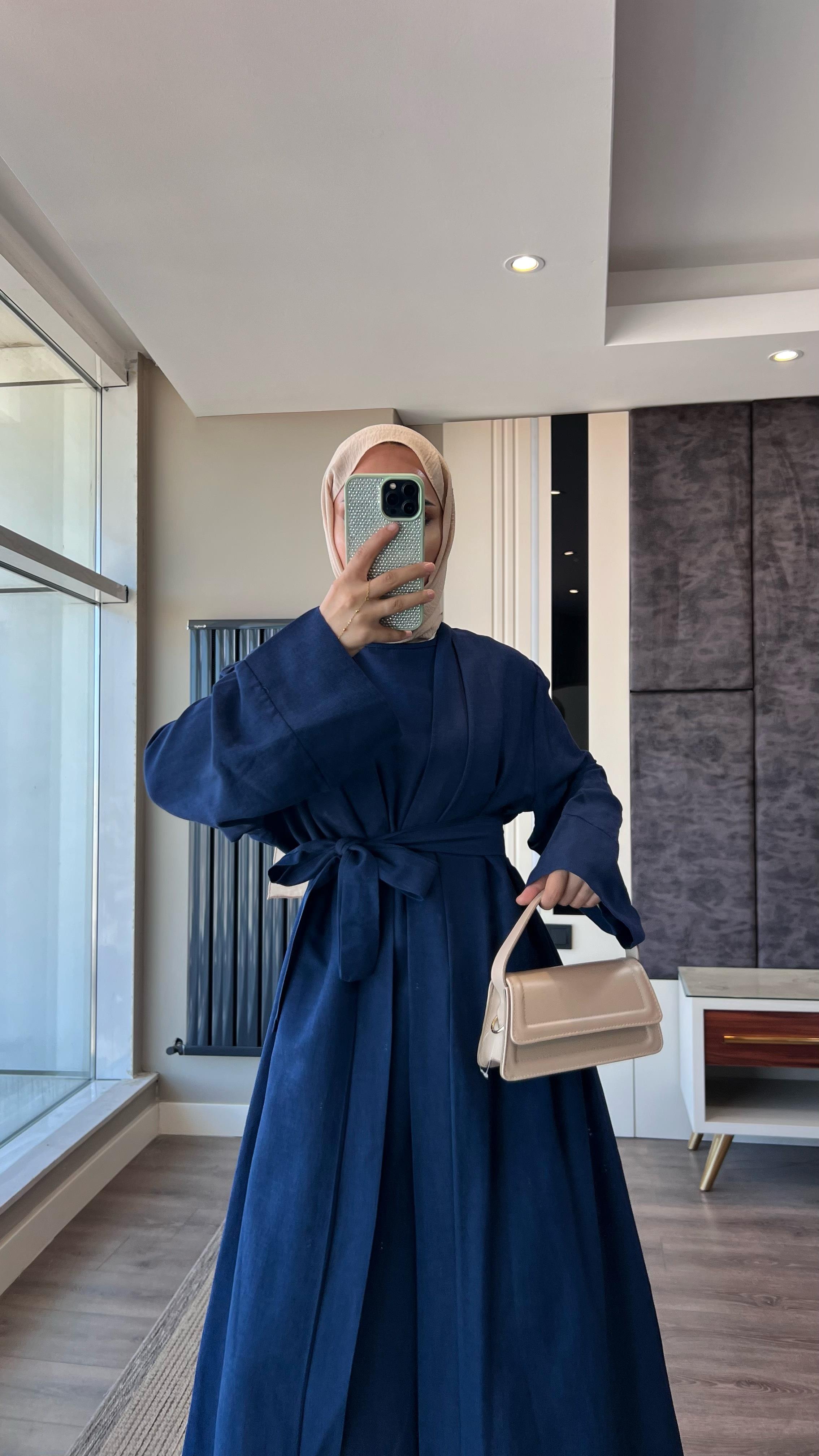 İçi Sıfır Kol İkili Abaya Takım Lacivert