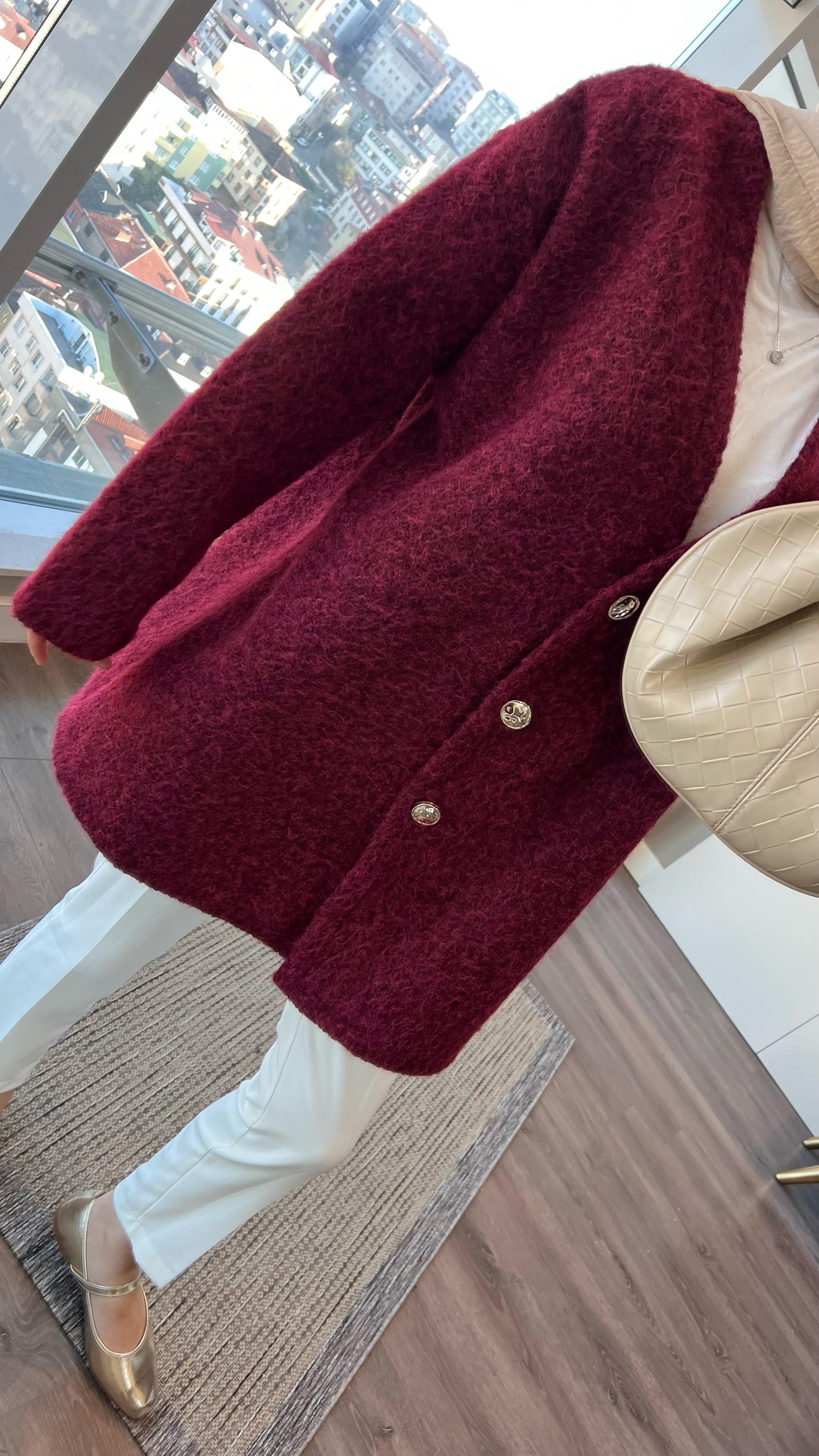 Kruvaze Yaka Buklet Hırka Bordo