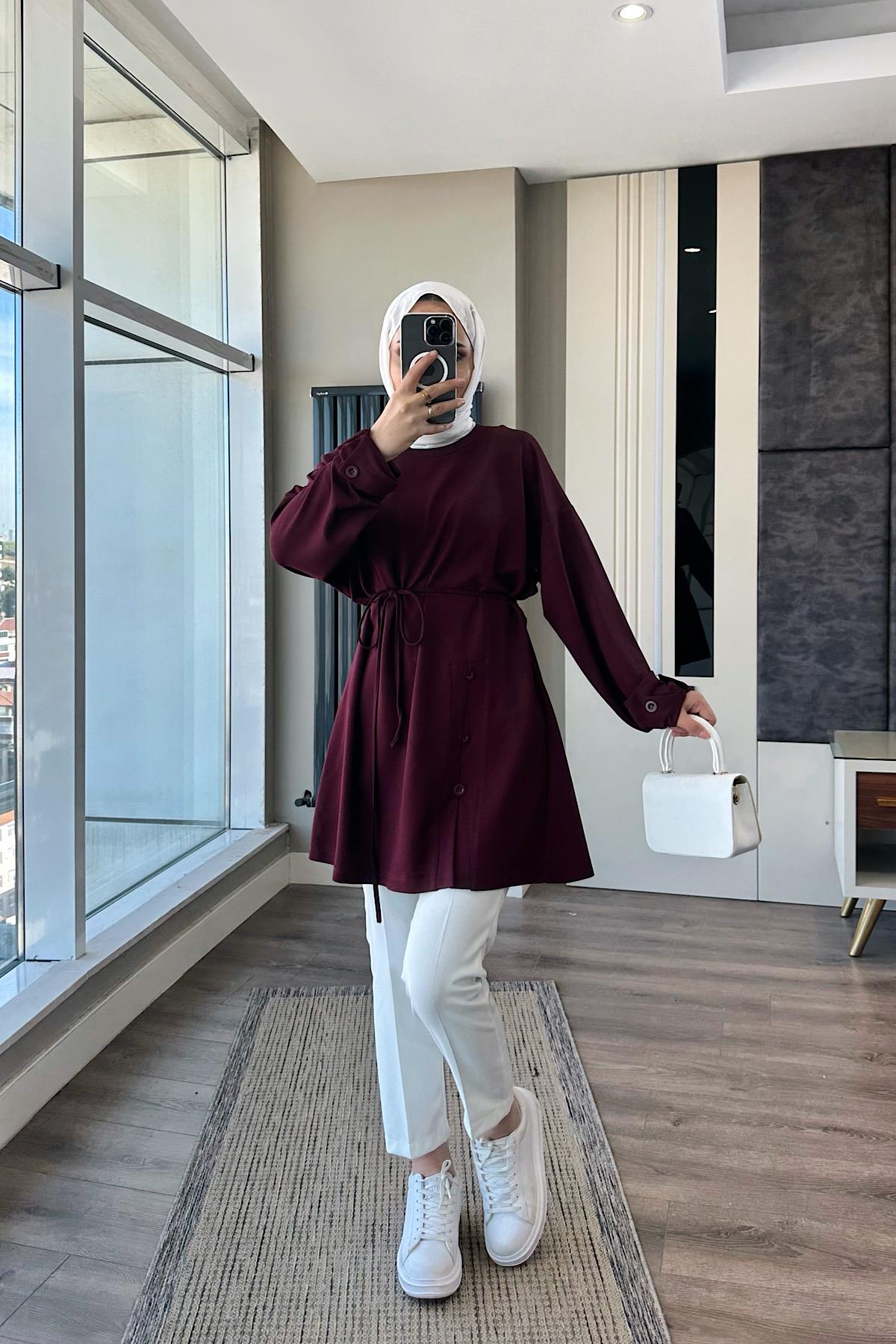 Düğme Detaylı Tunik Bordo
