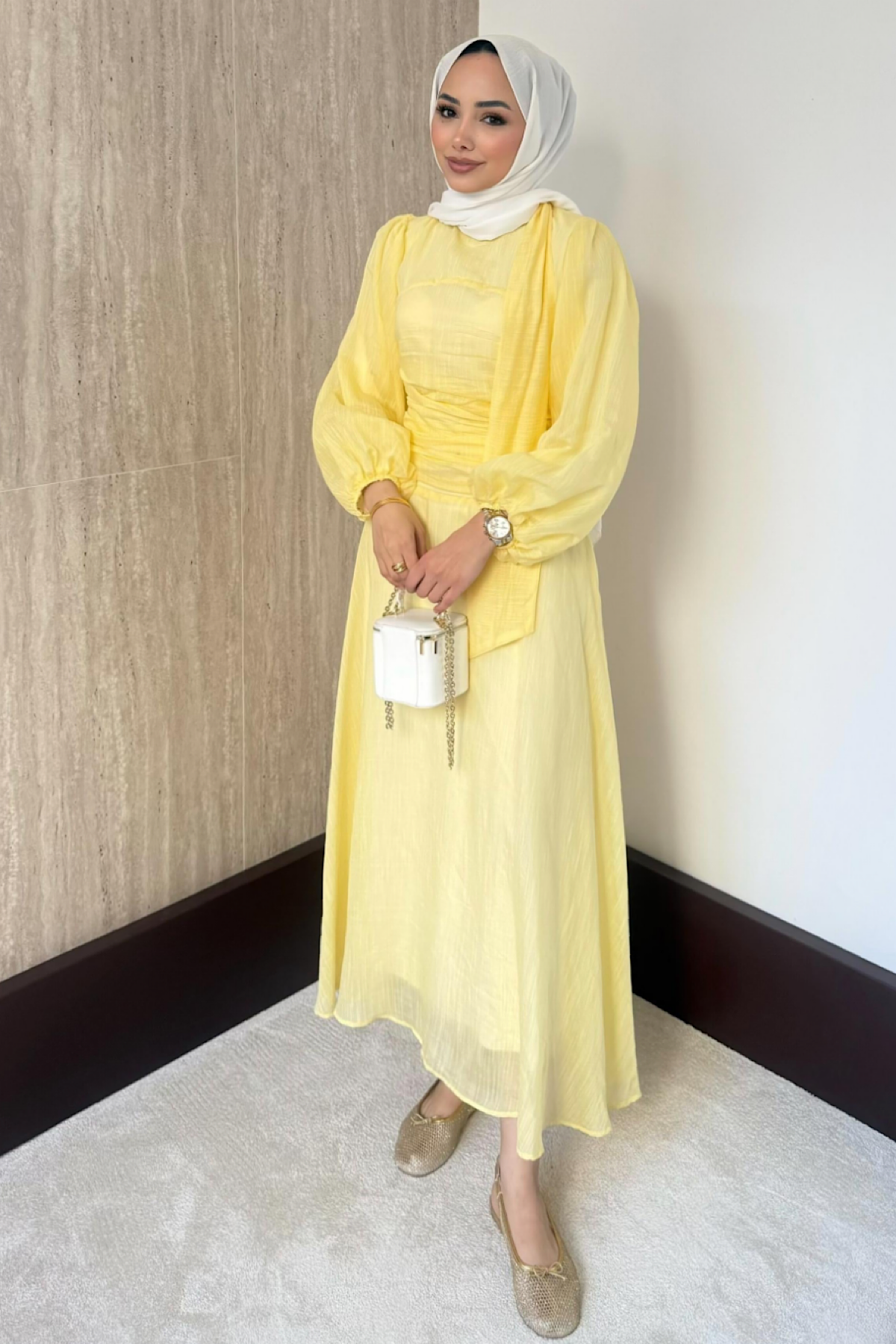 Belden Oturtmalı Elbise sarı