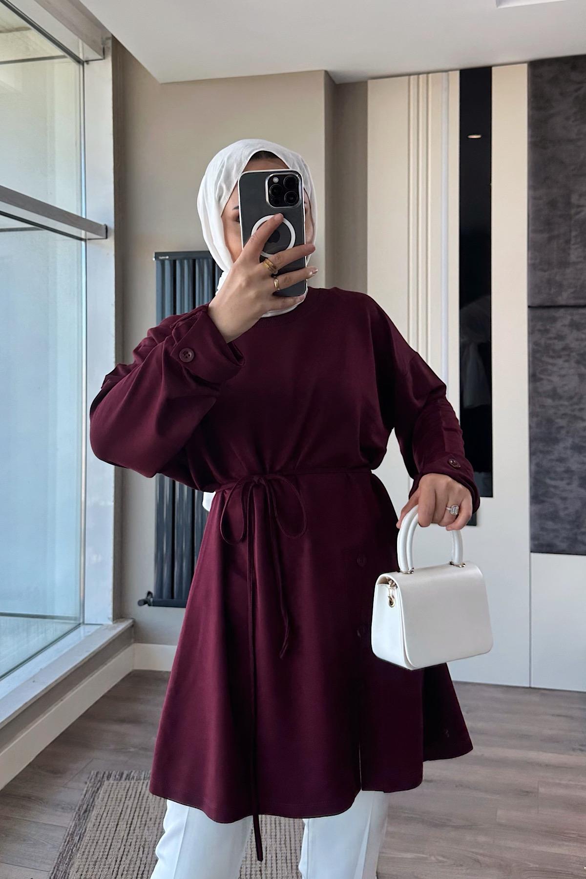 Düğme Detaylı Tunik Bordo