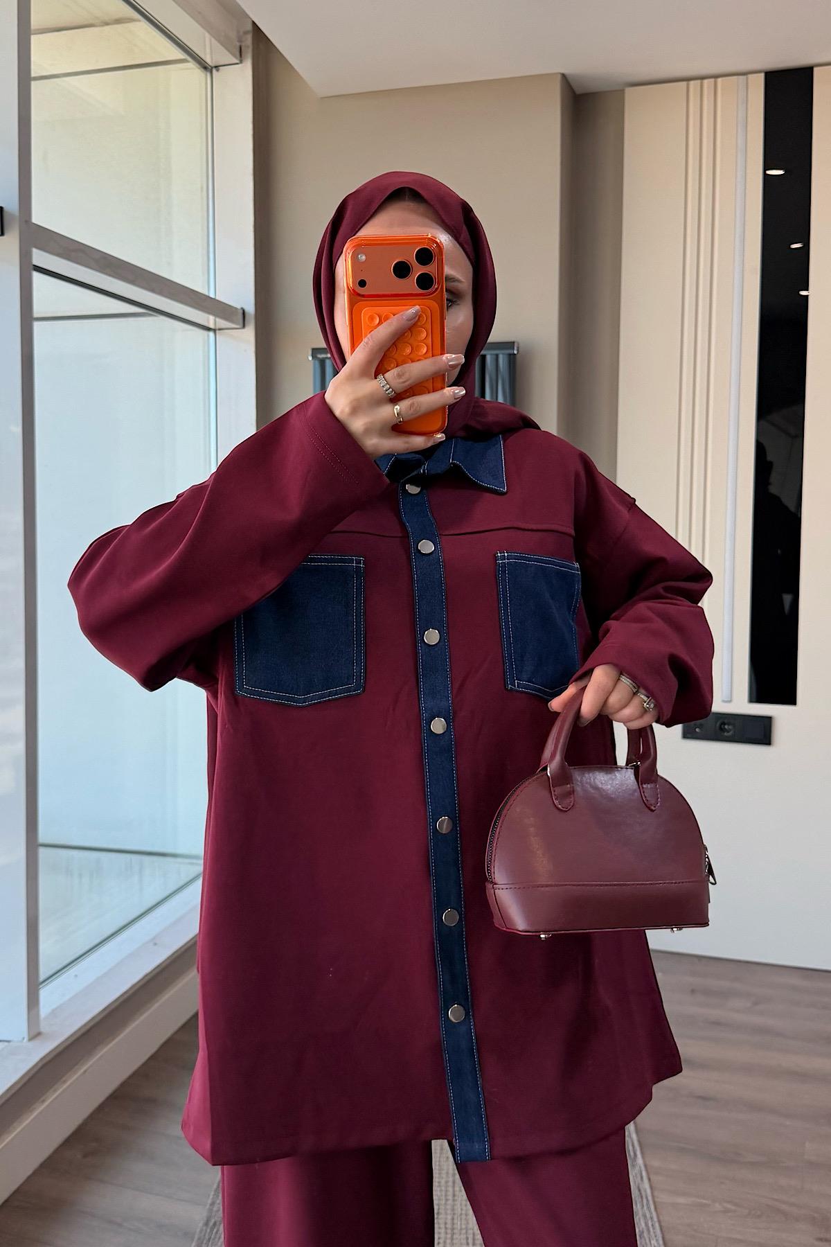 Denim Detaylı Oysho Takım Bordo