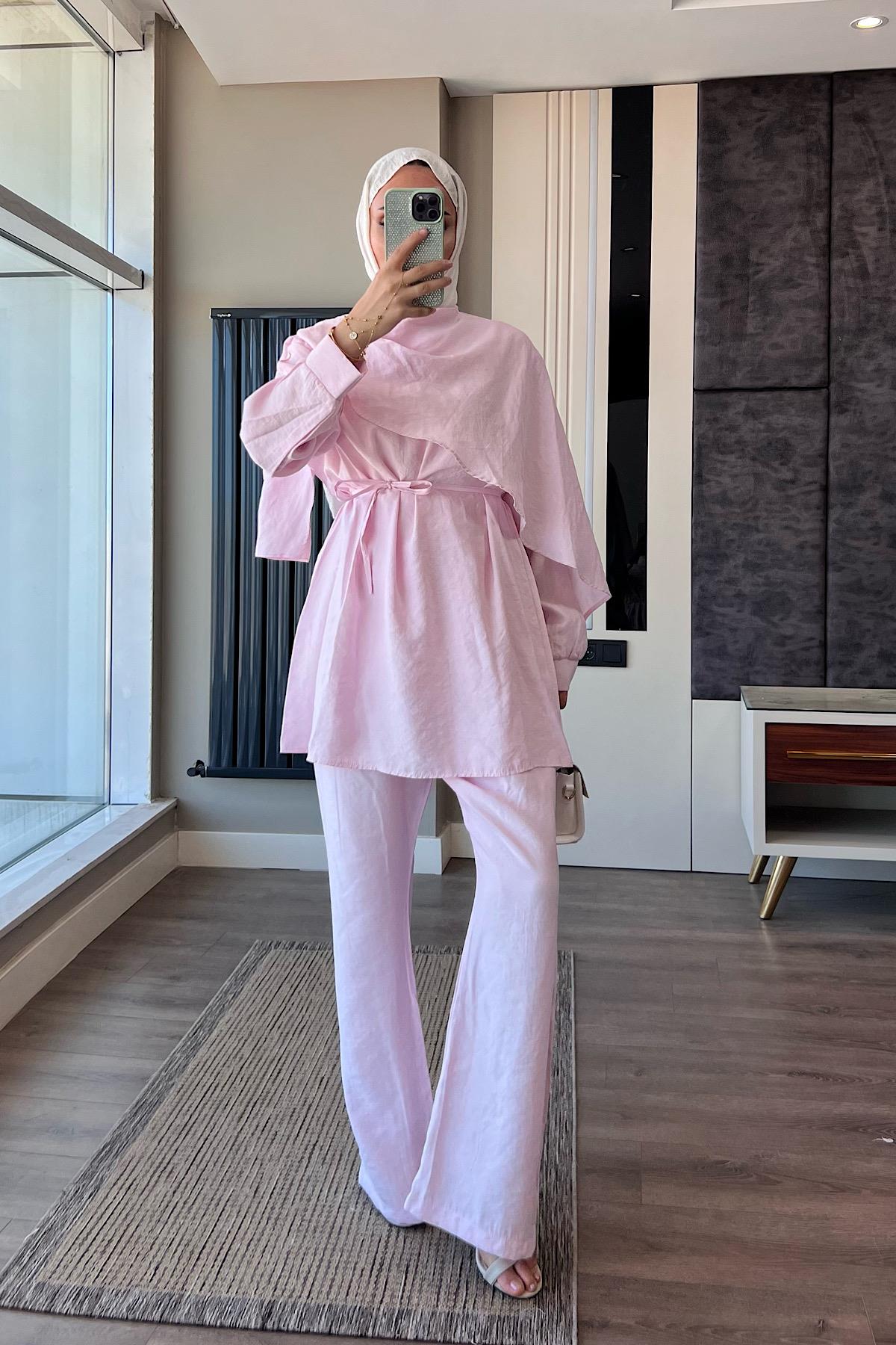 Omuz Şal Atkı Detay Takım Toz Pembe