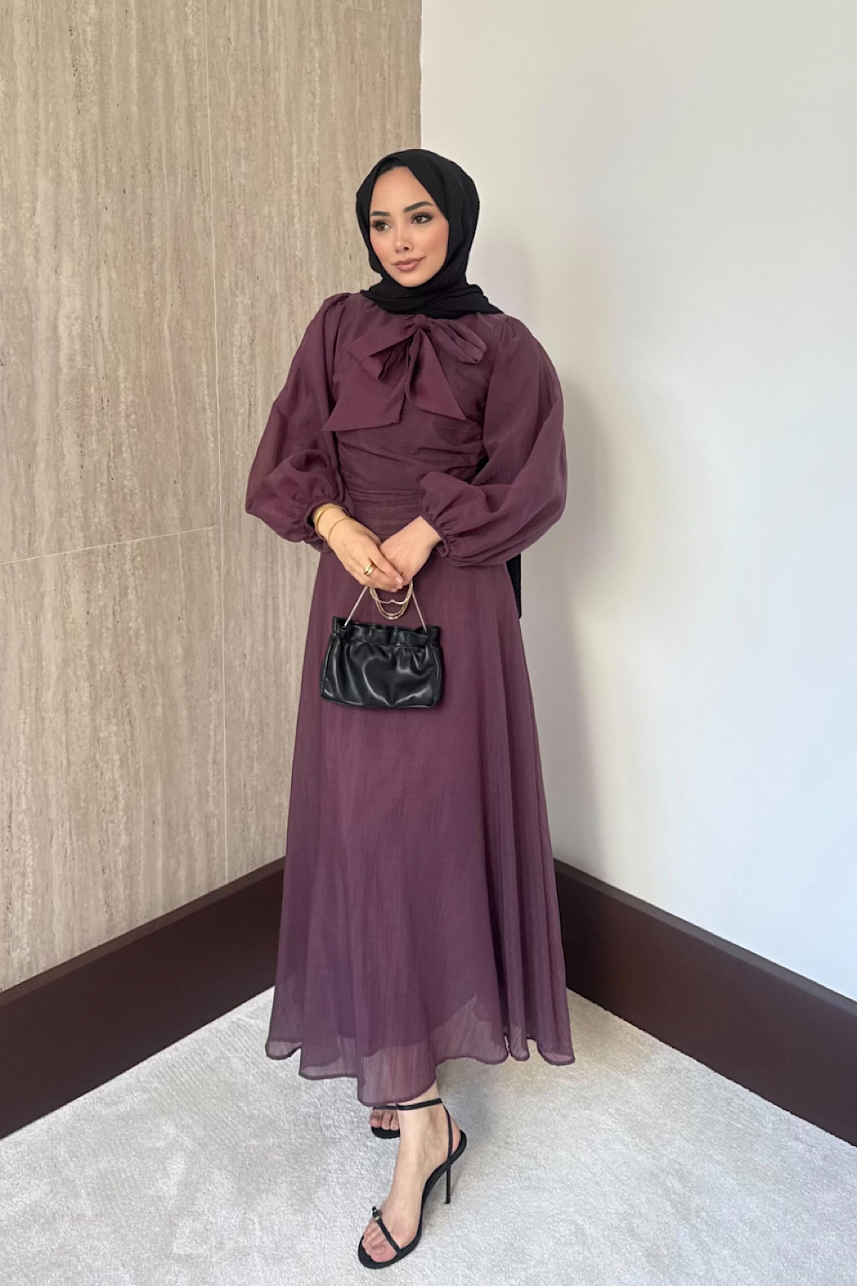 Belden Oturtmalı Elbise Mürdüm