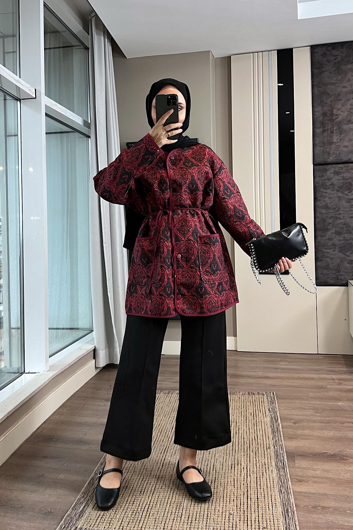 Desenli Kimono Bordo